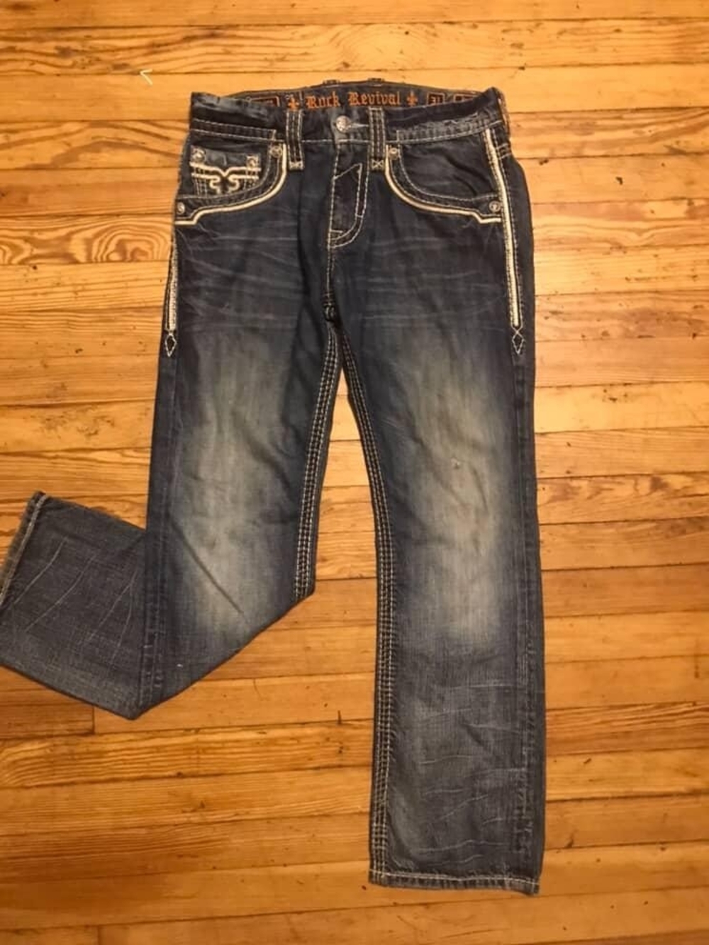 Rock Revival Men's Faded Blue Straight Jeans with Contrast Stitching